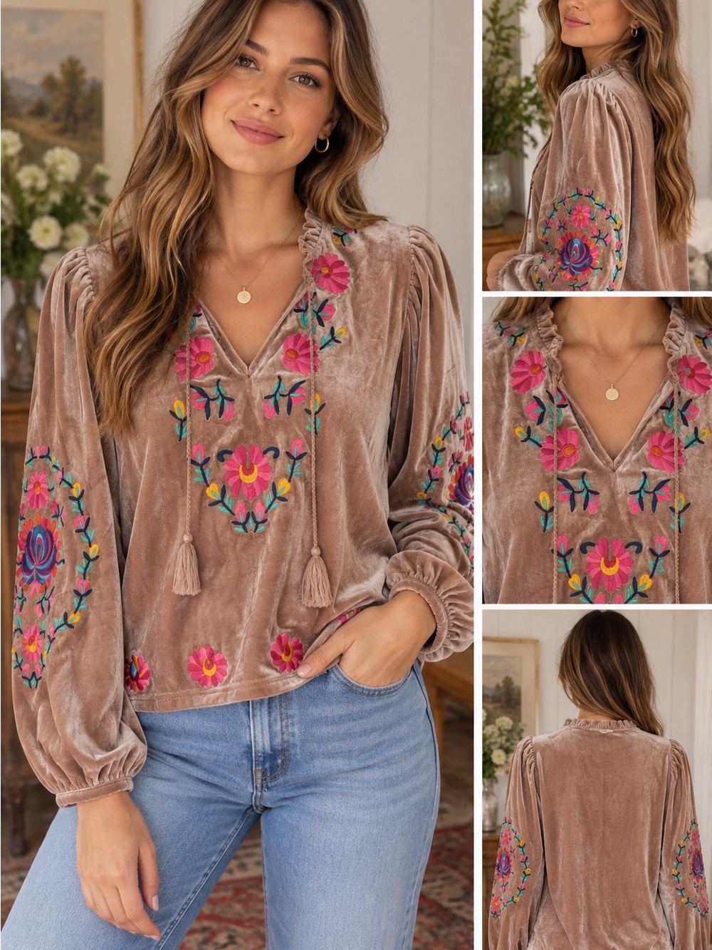 easel Taupe Velvet Peasant Top with Floral Embroidery Boho Peasant